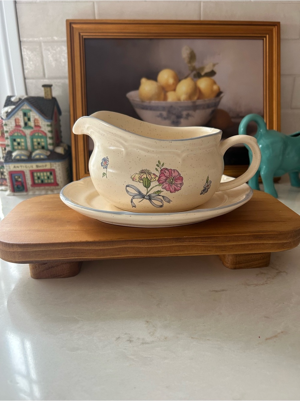 International China Floral Stoneware Gravy Boat & Underplate – Blue Trim